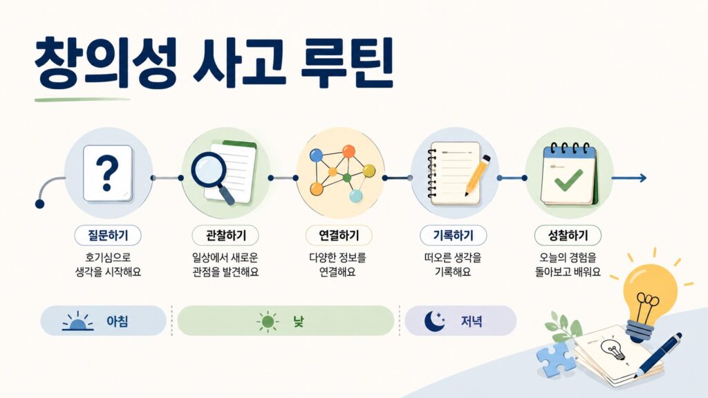 하루의 흐름에 따라 질문, 관찰, 연결, 기록, 성찰의 과정을 시각화한 창의적 사고 루틴 인포그래픽 이미지.