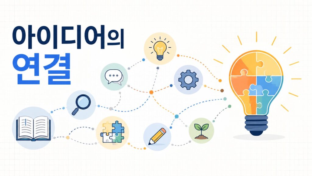 다양한 아이콘이 선으로 연결되어 하나의 새로운 전구 형태를 이루며 창의적인 아이디어의 탄생 과정을 표현한 정보형 일러스트 이미지.