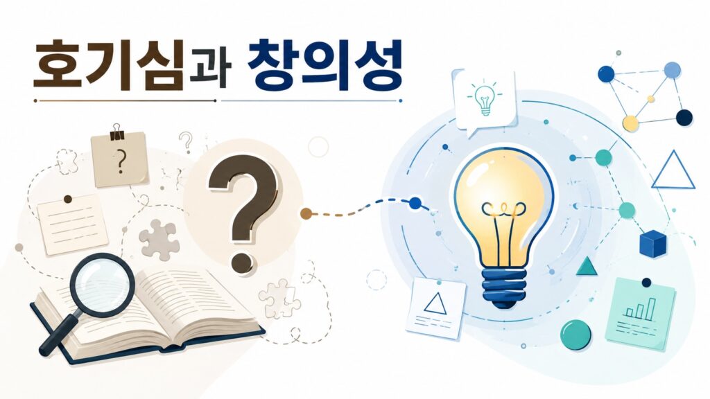 호기심을 상징하는 물음표와 탐구 요소들이 창의성을 상징하는 아이디어 전구와 연결된 모습을 표현한 에디토리얼 스타일 이미지