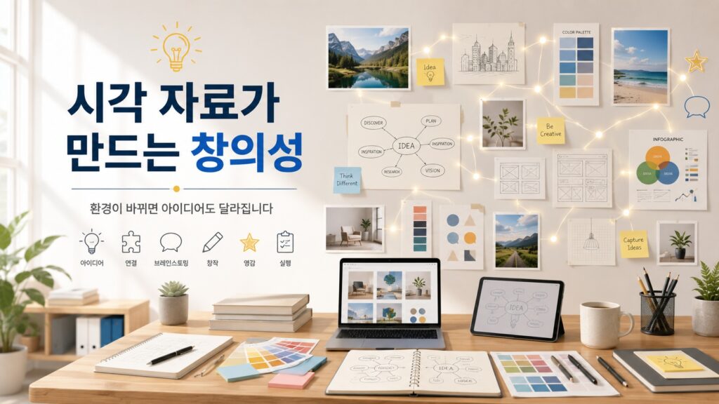 창의적인 작업 공간에서 다양한 사진과 메모, 컬러 팔레트, 마인드맵 등 시각 자료를 활용해 아이디어를 확장하는 모습을 표현한 대표 이미지.