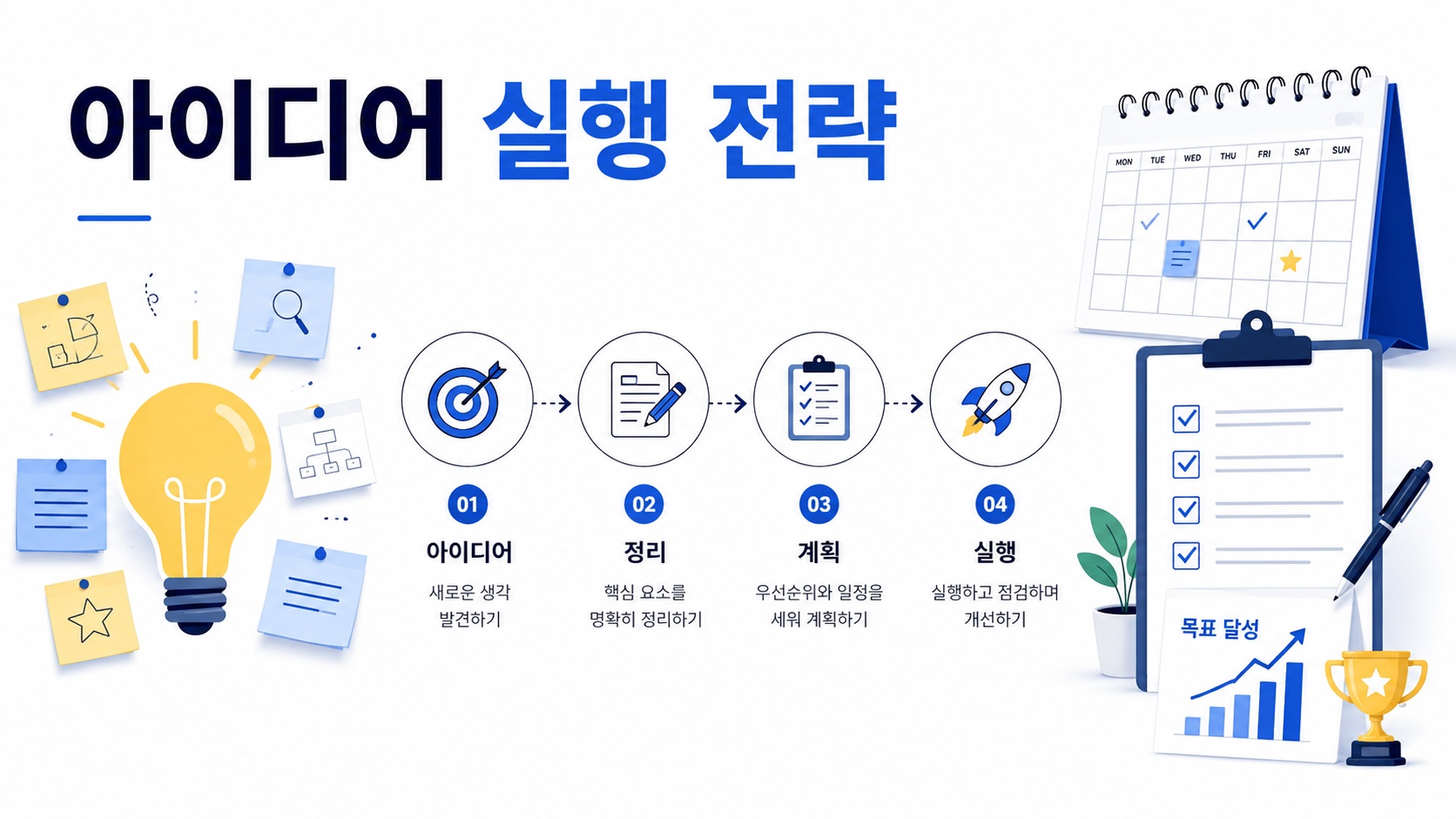 아이디어가 단계별 계획과 실행 전략으로 전환되는 과정을 인포그래픽 형태로 표현한 이미지