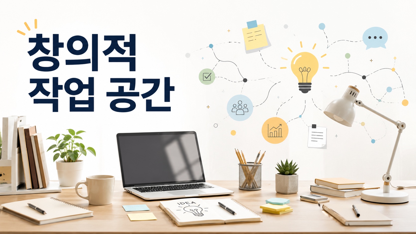 정돈된 작업 책상 위에 노트북과 메모 도구가 배치되고 아이디어 연결 요소가 표현된 창의적인 작업 공간 이미지