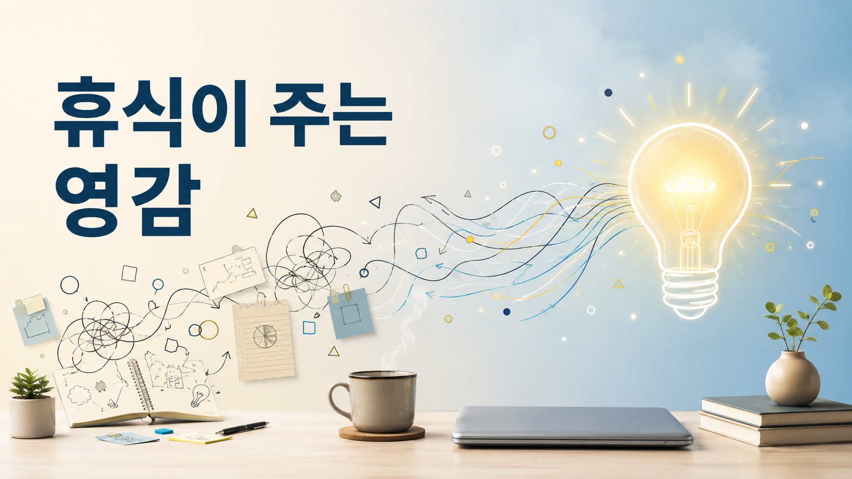 휴식 중 정리된 생각이 새로운 아이디어로 연결되는 과정을 상징적으로 표현한 창의성 관련 대표 이미지