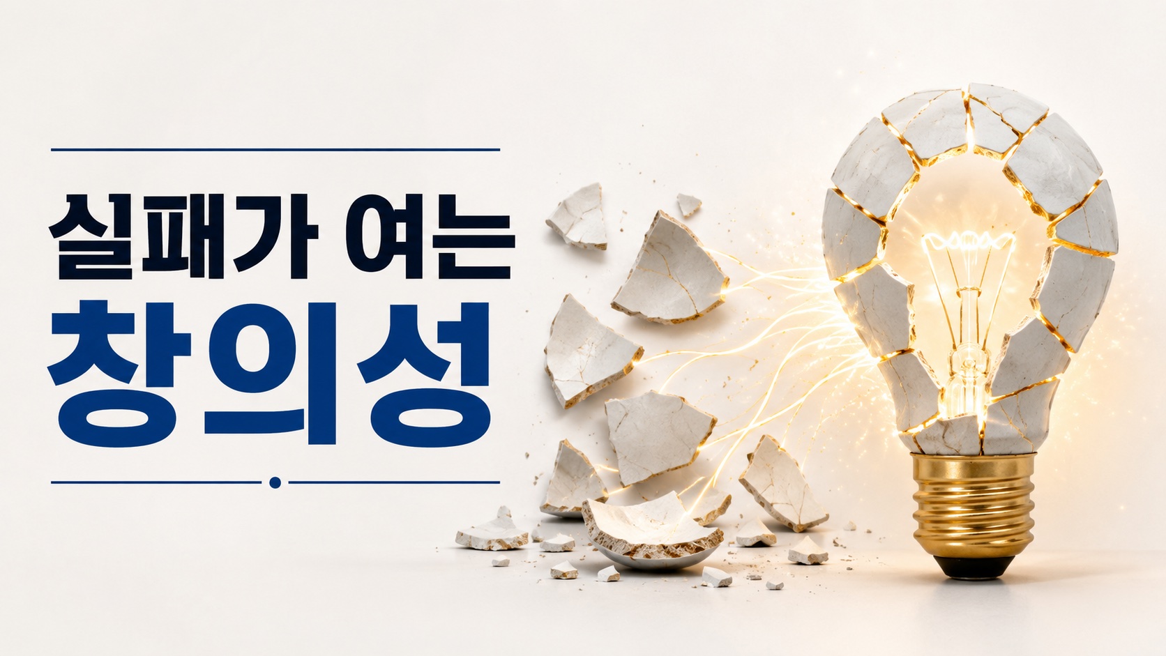 깨진 조각이 전구 형태로 재구성되며 실패와 시행착오가 창의성으로 이어지는 과정을 표현한 이미지